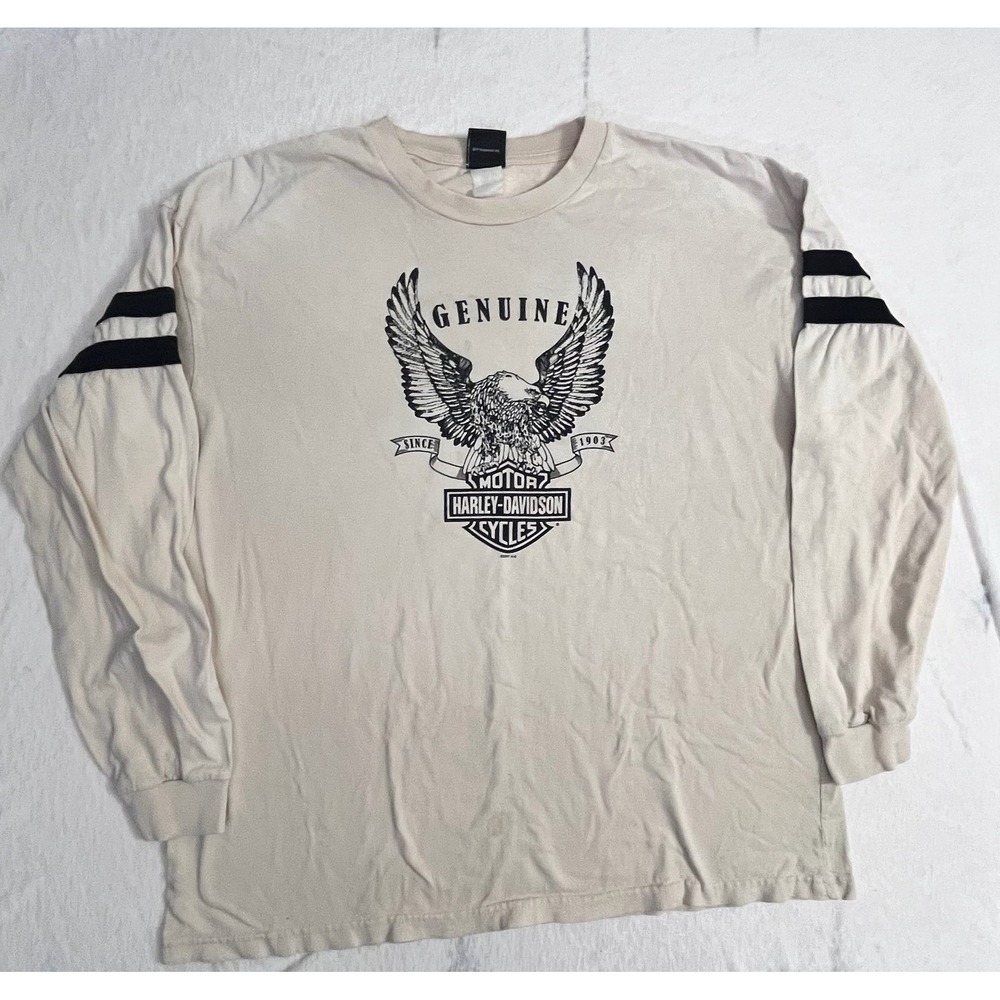Harley-Davidson Long Sleeve T-Shirt Eagle Graphic 2007 Peshtigo WI Men's XL Beig